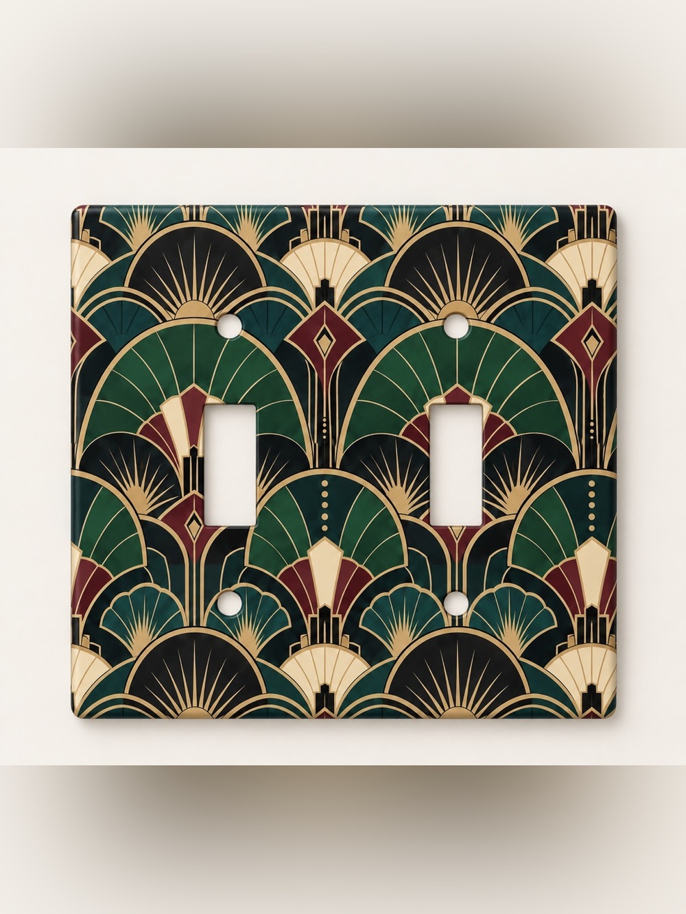 Art Deco Emerald Burgundy Gold Double Toggle Light Switch Wall Plate Cover